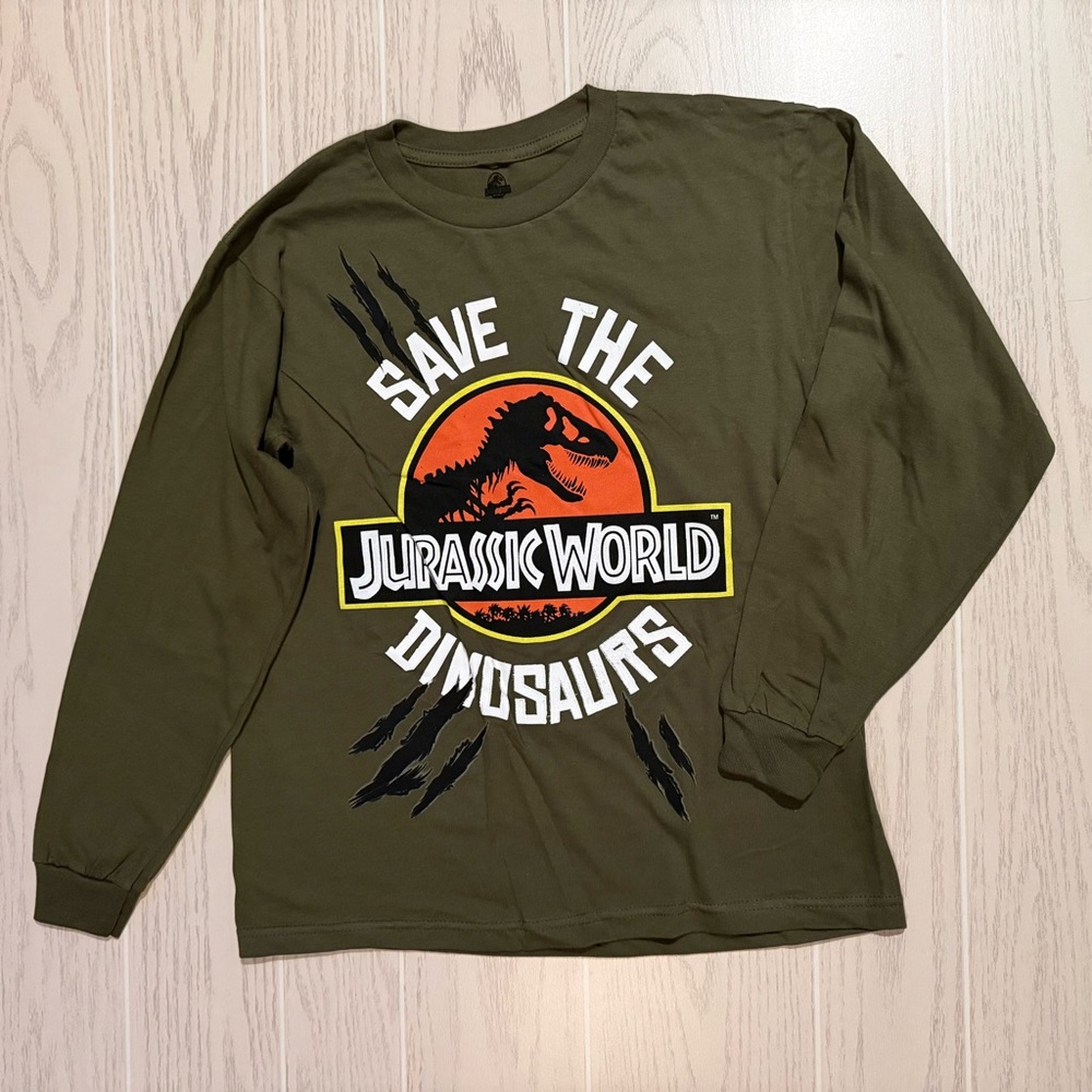 Jurassic World Boys Youth Large Long Sleeve‎ T-Shirt Green Dinosaur Graphic NWOT